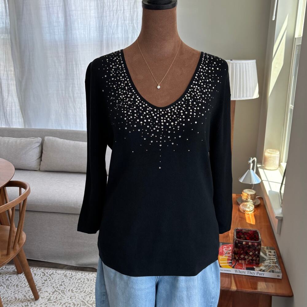 90s Vintage J.A.C. Silk Blend Sweater Black Knit Beaded Sequin 3/4 Sleeves Large